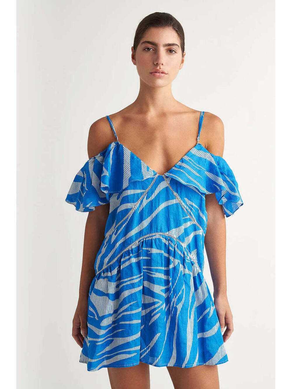 NWT Pearl & Caviar Blue Luxury Resort Cold-Shoulder Ramie Mini Dress Size XS/S